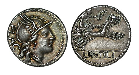 RUTILIA. Denario. L. Rutilius Flaccus. Roma. CD-1237, SI-1. Bonito tono. 4,02 g....