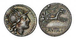 RUTILIA. Denario. L. Rutilius Flaccus. Roma. CD-1237, SI-1. Bonito tono. 4,02 g. EBC/EBC+
