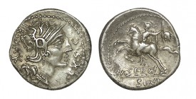 SERGIA. Denario. M. Sergius Silus. Norte de Italia. Cabeza grande de Roma. CD-1272, SI-1a. Leve oxid. 3,88 g. ESCASA. EBC.
