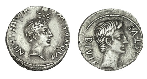 JULIO CESAR Y AUGUSTO (SANQUINIA). Denario. Roma. M.Sanquinius. A/ Cabeza de Jul...