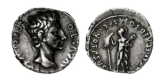 AUGUSTO. Denario. Colonia Patricia. A/ Cabeza de Augusto a dcha. Ly.: SPQR CAESA...