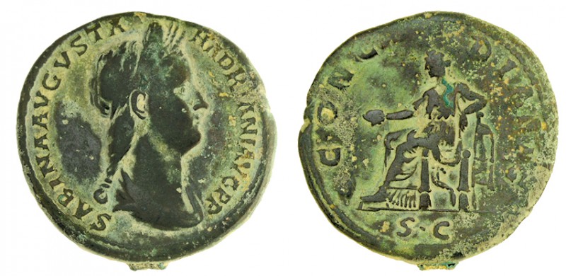 SABINA. Sestercio. Roma. R/ Concordia entronizada a izq. con pátera. Ly.: CONCOR...