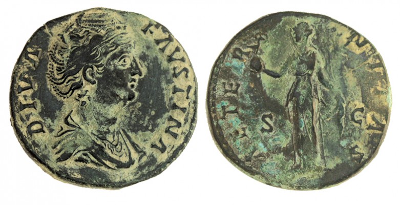 FAUSTINA I. Sestercio. R/ Aeternitas a izq. con Fénix sobre globo y recogiendo l...