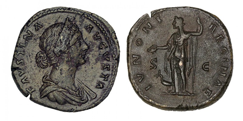 FAUSTINA II. Sestercio. R/ Juno a izq. con cetro y pátera, delante ave. Ly.: IVN...