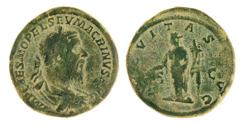 MACRINO. Sestercio. Roma. R/ Aequitas a izq. con balanza y cornucopia. Ly.: AEQV...