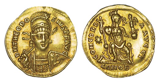 TEODOSIO II. Sólido. R/ Constantinopla sentada a dcha. con cetro y Victoria sobr...