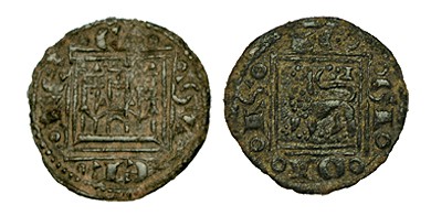 ALFONSO X. Óbolo. ¿? Menguante en la puerta del castillo, I detrás del león. ABM...