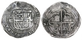 8 REALES. Segovia. s/f. A/ I, superada de roel, sobre acueducto a izq. del escudo. Valor VIII superado de roel a dcha. XC-165. 26,81 g. RARA. (MBC)