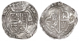 8 REALES. Segovia. s/f. A/ I sobre M encima del acueducto a izq. del escudo. Valor VIII superado de roel a dcha. XC-166. 26,67 g. MUY ESCASA. (MBC+)