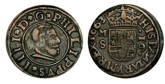 16 MARAVEDÍS. Madrid. 1663-S. HISPANIANIARVM (NIA nexadas) en leyenda. JS no cit...