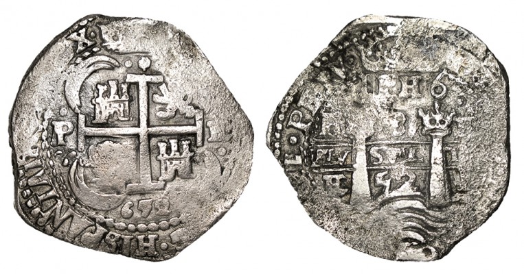 8 REALES. Potosí. 1652-E. I-PH-6 debajo de la corona del anv. XC-434. Ligera oxi...