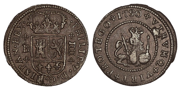 4 MARAVEDÍS. Barcelona. 1720/19. Rara sobrefecha, muy clara. XC no cita esta vte...