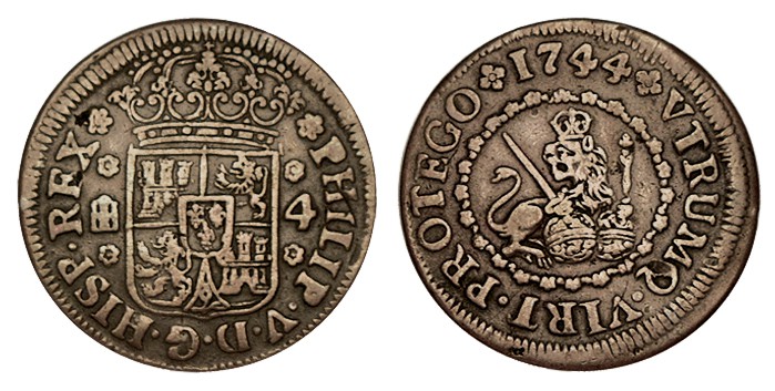 4 MARAVEDÍS. Segovia. 1744. XC-1995 (Vte. por flores de cuatro pétalos acotando ...