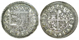 8 REALES. Madrid. 1711-J. XC-687. 26,10 g. Dos rayitas en rev. Bello ejemplar de bonita pát. RARA. (EBC+)