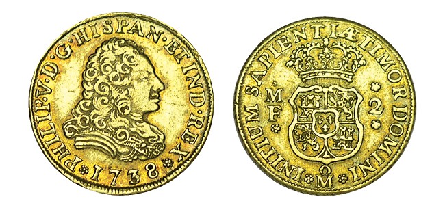 2 ESCUDOS. México. 1738-MF. XC-364. 6,74 g. RARA. MBC+
