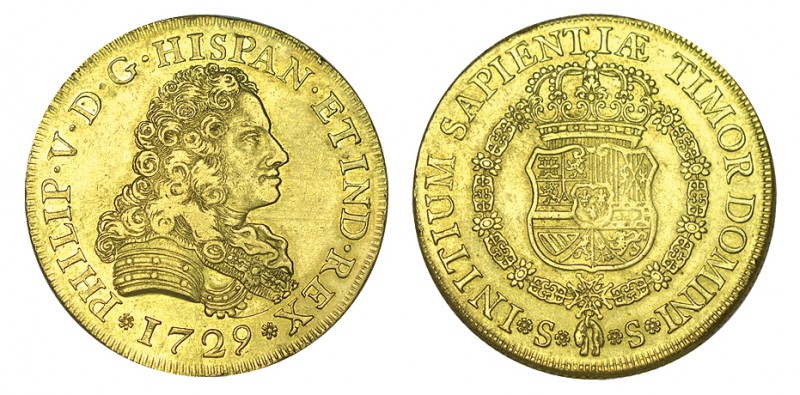 8 ESCUDOS. Sevilla. 1729. Sin marca de ensayador. En leyenda: PHILIP, en lugar d...