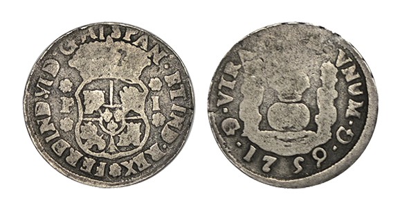 1 REAL. Guatemala. 1759-P. XC-539. Difícil sin agujero. 2,85 g. RARA. BC+