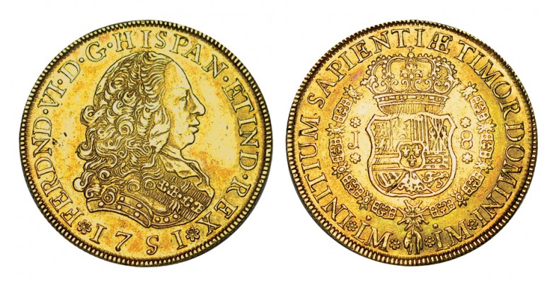 8 ESCUDOS. Lima. 1751-J. XC-18, CO-577. Bonito tono. 27,08 g. ESCASA. EBC-/MBC+