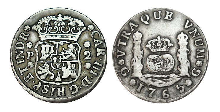 2 REALES. Guatemala. 1765-P. XC-1236. 6,57 g. RARA y más sin agujero. MBC