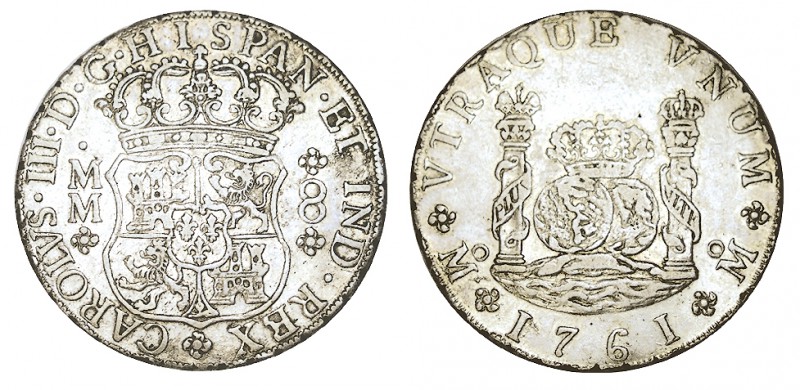 8 REALES. México. 1761-MM. XC-888 (Vte.). Calbetó-781. Cruz de la corona entre H...