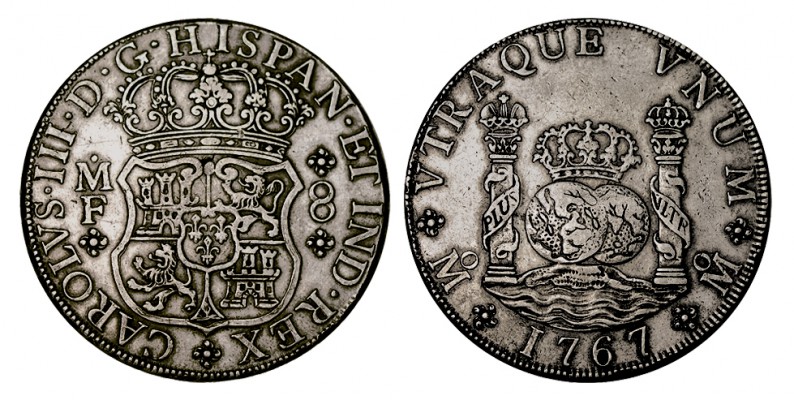 8 REALES. México. 1767-MF. XC-906. 26,91 g. MBC+