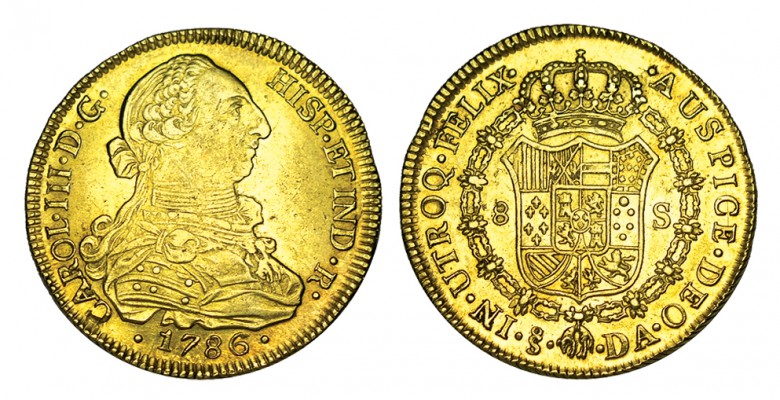 8 ESCUDOS. Santiago. 1786-DA. XC-246, CO-947. B.O. 27,06 g. ESCASA. EBC