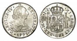 8 REALES. Lima. 1791-IJ. Busto de Carlos III. Bonito ejemplar con brillo original. XC-643. 27,03 g. MUY ESCASA. EBC/EBC+
