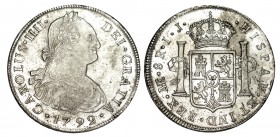 8 REALES. Lima. 1792-IJ. XC-644. 26,96 g. EBC
