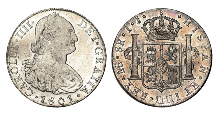 8 REALES. Lima. 1801-IJ. XC-656. 26,79 g. Bonito tono. EBC+/SC