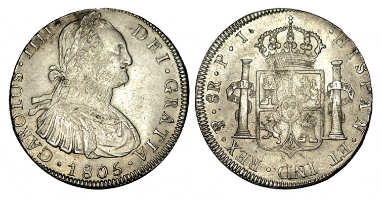 8 REALES. Potosí. 1805-PJ. XC-729. Restos de B.O. 26,96 g. (EBC)