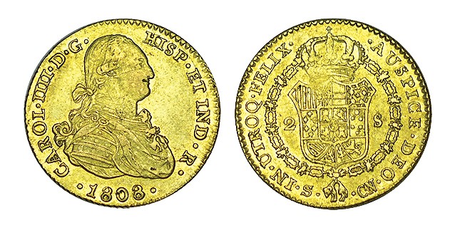 2 ESCUDOS. Sevilla. 1808-CN. XC-460. 6,76 g. MBC