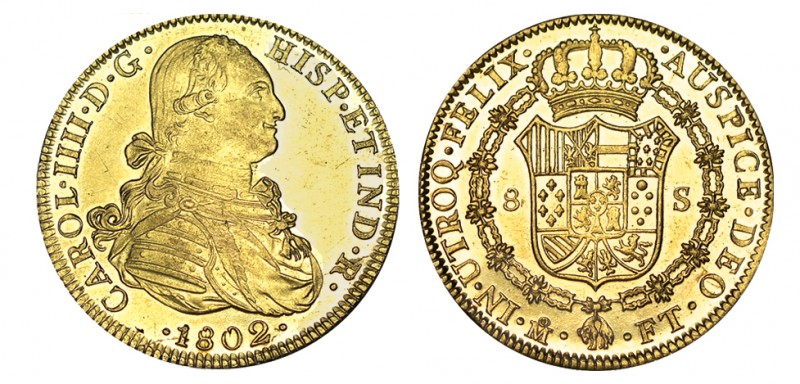 8 ESCUDOS. México. 1802-FT. XC-56, CO-1037. Excepcional ejemplar, pleno brillo o...
