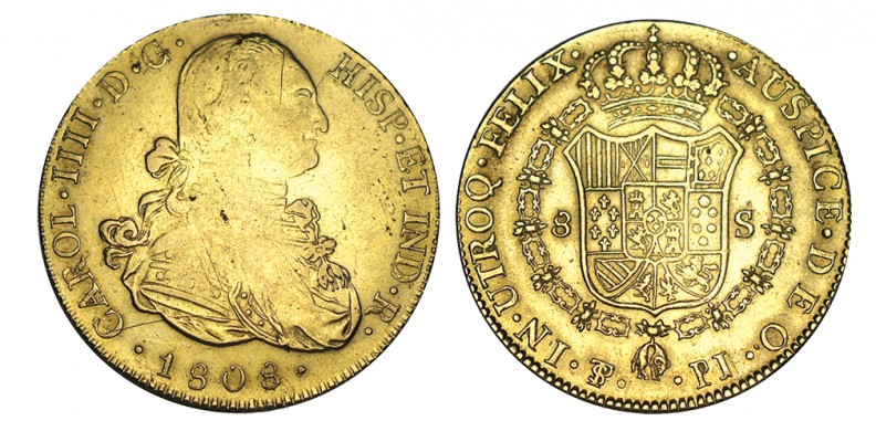 8 ESCUDOS. Potosí. 1808-PJ. XC-115, CO-1108. 26,95 g. MBC
