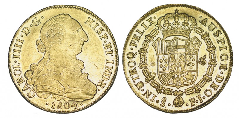 8 ESCUDOS. Santiago. 1804-FJ. XC-166, CO-1179. 26,97 g. Infíma hojita junto a la...