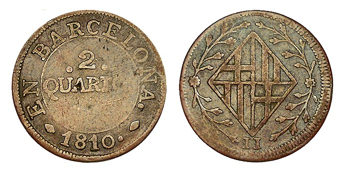 2 QUARTOS. Barcelona. 1810. XC-89. 4,08 g. MUY ESCASA. MBC-