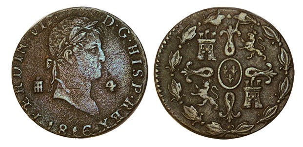 4 MARAVEDÍS. Segovia. 1816. XC-1702 (Vte. por no tener cordoncillo). 5,80 g. MUY...