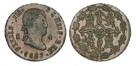 4 MARAVEDÍS. Segovia. 1827. XC-1710. 5,37 g. ESCASA. EBC/EBC+