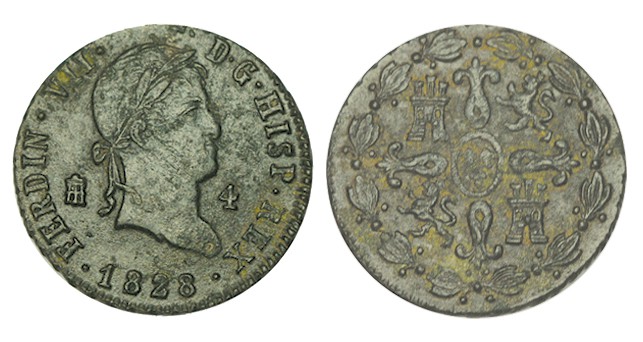 4 MARAVEDÍS. Segovia. 1828 (82 central/28). XC-1711 (Vte.). 5,27 g. RARA. MBC+