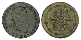 8 MARAVEDÍS. Segovia. 1824. Segundo busto. XC-1684 (Vte.). Tres puntos a izq. de la fecha. 11,68 g. RARA. EBC-