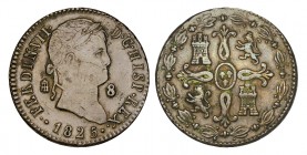 8 MARAVEDÍS. Segovia. 1825. Segundo busto. XC-1686 (Vte.). Punto grande y pequeño a los lados de la fecha. 11,34 g. RARA. MBC