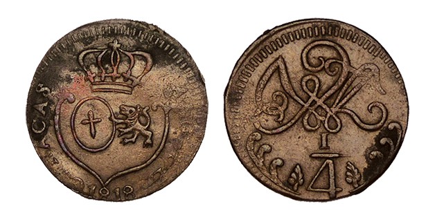 1/4 REAL. Caracas. 1818. XC-1510. Sin rama debajo de león con escudo. 2,57 g. ES...