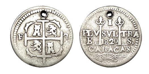 1 REAL. Caracas. 1820-BS. XC-1092. Agujero, frecuente en este tipo de piezas, 12...