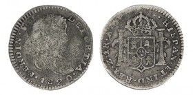 1 REAL. Zacatecas. 1820-AG. XC-1252. Error: "GRTIA" en ley. del anv. 2,74 g. MUY RARA. BC-