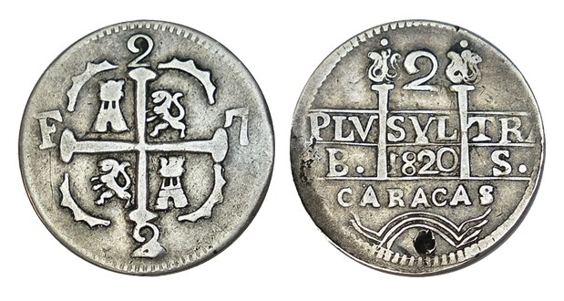 2 REALES. Caracas. 1820-BS. Castillos y leones. "1" de la fecha invert. Golpe de...