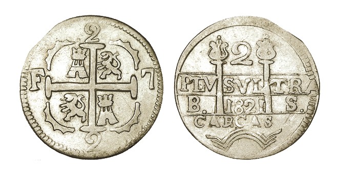 2 REALES. Caracas. 1821. Ly. en reverso: CARCAS. Los "unos" de la fecha están in...