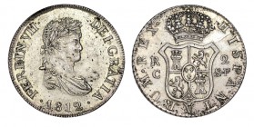 2 REALES. Cataluña. 1812-SF. Cabeza pequeña. XC-858. 5,81 g. Magnífico ejemplar con típicas trazas de plata mal batida. ESCASA. (EBC+)