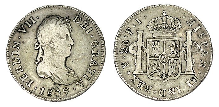2 REALES. Potosí. 1809-PJ. XC-986. 6,61 g. RARA. MBC-