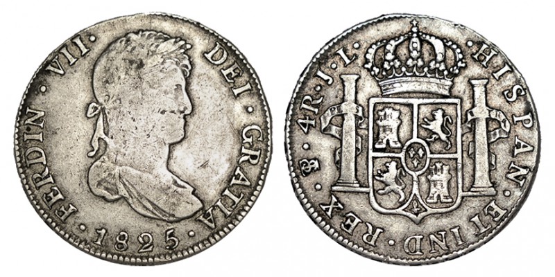 4 REALES. Potosí. 1825-JL. XC-797. 13,40 g. ESCASA. MBC-/MBC
