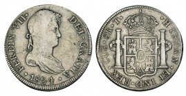 8 REALES. Cuzco. 1824-T. XC-385. 25,49 g. Raya en anv. ESCASA. MBC