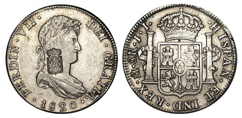 8 REALES. Resello portugués sobre una pieza de México. 1820-JJ. Para su revalori...